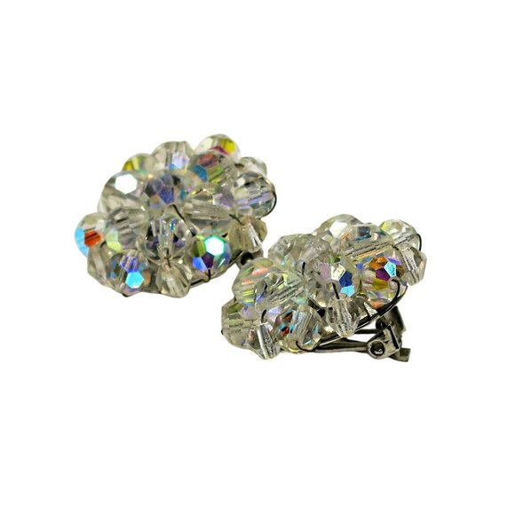 Vintage Aurora Borealis Clip-On Earrings 1.25" Crystal Cluster Mid-Century Style - Picture 2 of 5